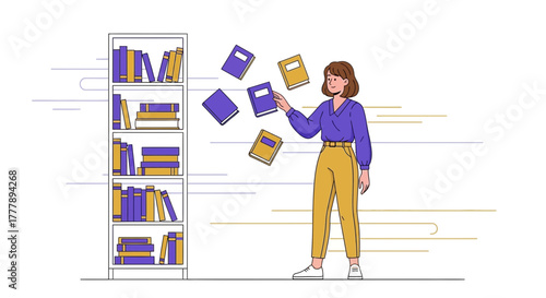 Woman Selecting Books Floating in Air Next to a Bookshelf, Reading Concept Visualization