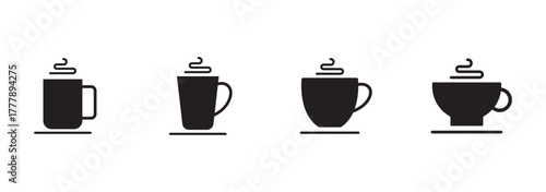 Coffee mug and tea cup vector icon set. Black silhouette collection with steam and heart symbols for cafe logo, coffee shop branding, menu design or hot drink element.