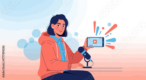 Woman Streaming Live Video On Smartphone With Microphone, Podcast Recording Illustration