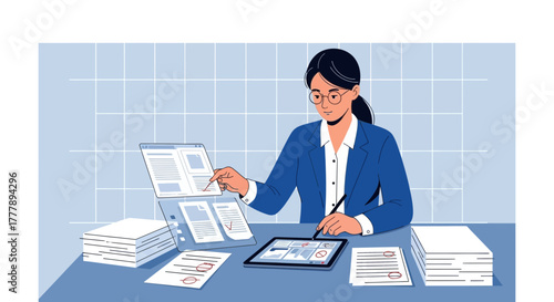 Professional Woman Analyzing Documents, Utilizing Technology for Efficient Workflow Process