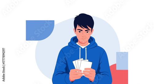 Serious Person Holding Cards, Contemplating Decisions or Reviewing Documents, Digital Artwork