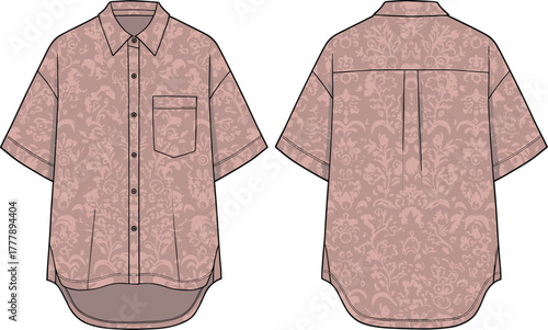 Short sleeve shirt, damask pattern, fashion flat sketch, button-up design, front and back view, garment template, textile illustration, apparel