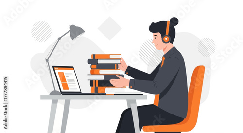 Student Immersed In Study, Combining Laptop Learning With Physical Books Seamlessly