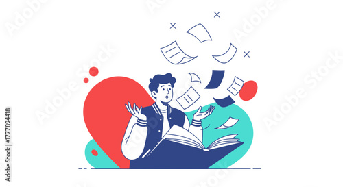 Student Mystified By Educational Documents Floating From Book Abstract Illustration