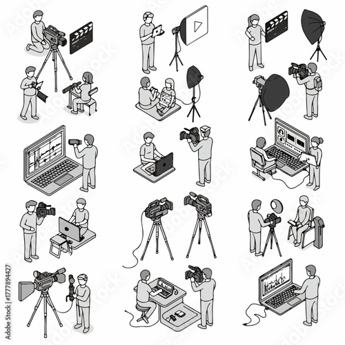 Isometric Outline Illustration Filmmaking Crew at Work in Various Poses