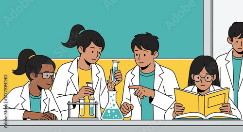 Scientific Collaboration and Research Illustration Depicting Group of Students in a Lab