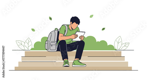 Student Relaxing Outdoors While Reading From a Tablet Device in a Peaceful Environment