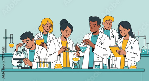 Scientific Discovery: A Team Of Researchers Collaborating On Experiments In A Laboratory