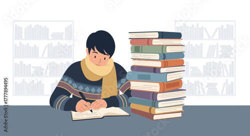 Student Studying With Books and Writing in Notebook, Preparing for Exams, Knowledge And Learning