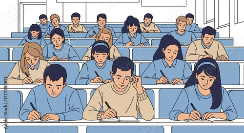 Students Focused on Note-Taking in Large Classroom, Studying and Learning Together