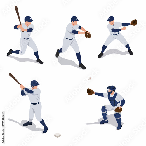 Isometric Detailed Baseball Player Action Poses Set Illustration