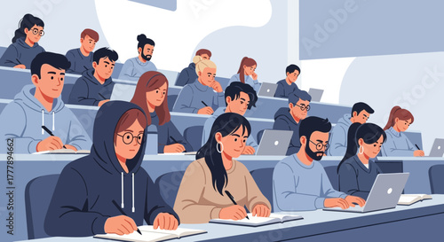 Students Focused On Studies Inside A Lecture Hall With Digital Devices And Notebooks