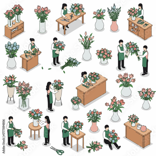 Isometric Detailed People Arranging Flower Bouquet and Decoration Illustration Set