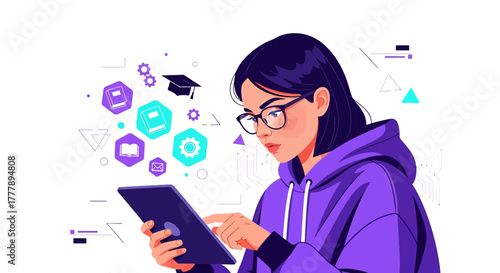 Woman Using Tablet for Online Education with Digital Icons and Modern Design