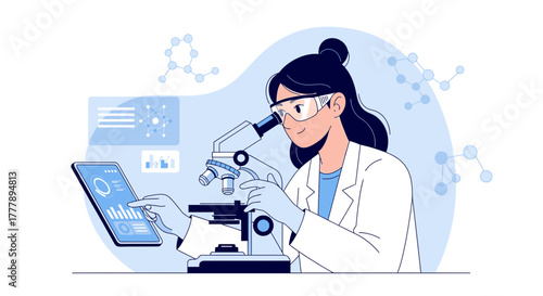 Scientist in Lab Using Microscope and Tablet for Scientific Investigation Work