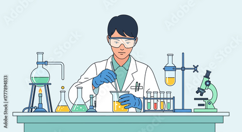 Scientist Performs Experiments Analyzing Liquids in a Modern Laboratory with Microscope Equipment
