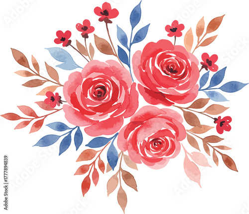 Beautiful watercolor red roses and blue and brown leaves arrangement