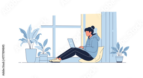 Woman Working From Home Cozy With Laptop Plants By Window, Enjoying Sunlight