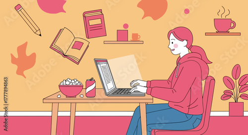 Woman Working From Home Writing, Studying, and Enjoying a Relaxed Lifestyle