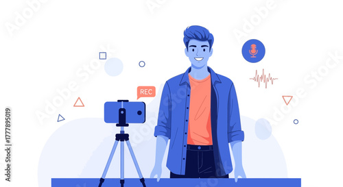 Young Blogger Recording Video: A Modern Illustration for Digital Content Creation