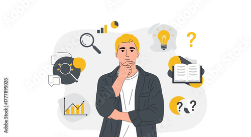 Thoughtful Individual Surrounded By Ideas, Searching for Solutions and Strategic Planning