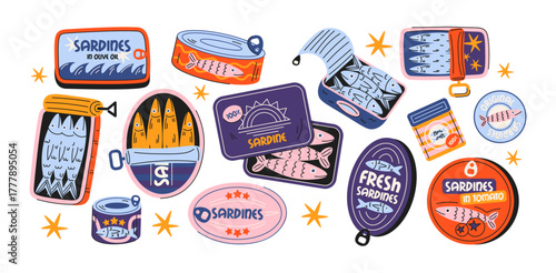 Set sardines and seafood in cans canned. Cartoon stickers of fish products packaging in bright doodle. Tuna, salmon, shrimp, octopus. Vector shapes stickers