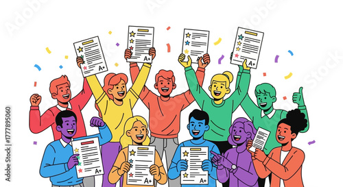 Thrilled Students Celebrate Academic Achievement by Holding Up Their Excellent Grades
