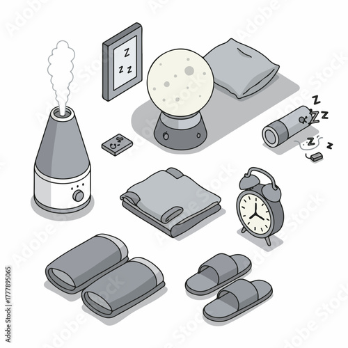Isometric Line Art Sleep Well Relaxation Object for Good Night