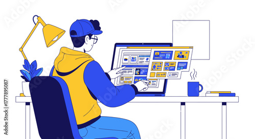 Young Designer Works On Computer Interface Project With Drink and Cozy Workspace