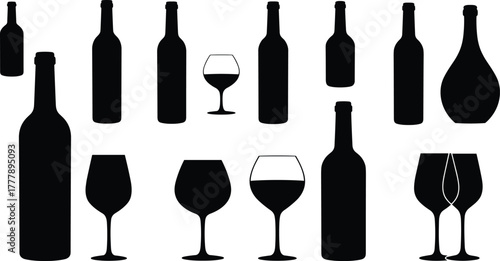 Silhouette collection of wine bottles and glasses, elegant drinkware shapes for bar, restaurant, beverage branding, cocktail, alcohol, liquor design