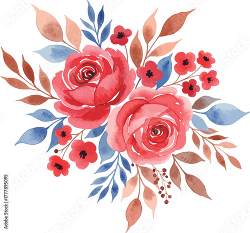 Vibrant watercolor roses and autumn leaves arrangement