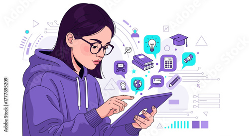 Woman Educating Herself Using Modern Technology Through Digital Tablet Iconography