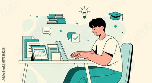 Young Individual Concentrating On Work At His Desk While Using Technology And Learning