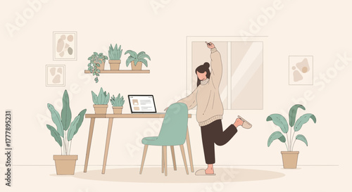 Woman Enjoying Time at Home Office near Plants and a Window in Comfort