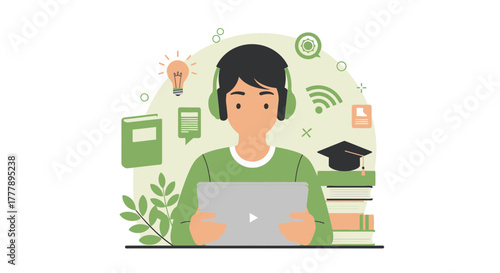 Young Individual Engaged in Online Learning with Laptop, Books, and Creative Concept