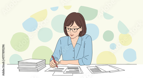 Woman Focused on Paperwork and Documentation at Her Desk in a Colorful Office Setting
