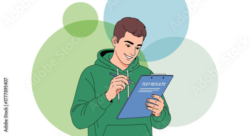 Young Man Reviews Test Results With A Smiling Expression And Green Hoodie Design