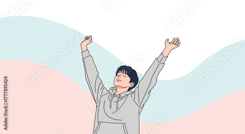 Young Man Stretching, Feeling Relaxed, Enjoying, Reaching Out, Happiness, and Freedom