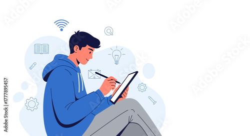 Young Man Working On A Tablet With Stylus, Creative Artist Concept Illustration