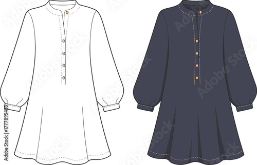 Women puff sleeve dress vector, CAD fashion drawing, navy pleated skirt design, stand collar shirt dress, garment template, flat vector illustration