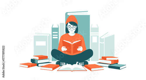 Young Woman Immersed in Reading Surrounded by a Collection of Literary Works