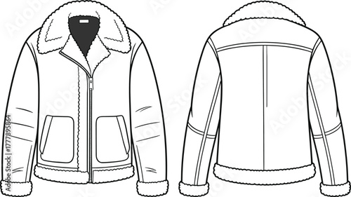 Shearling jacket fashion illustration, front and back view, winter outerwear design, technical garment sketch, cozy warm coat, stylish apparel drawing