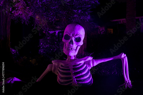 A Purple Skeleton Decorating a House for Halloween.