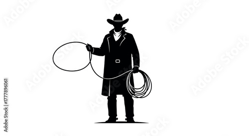 Cowboy with Lasso Silhouette Capturing the Spirit of the Wild West, Illustration Vector.