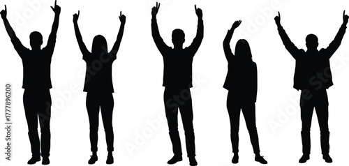 Silhouette of five people, raised arms, teamwork gesture, unity pose, black figures, standing upright, expressive body language, isolated on white