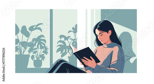 Woman Reading a Book Beside a Window with Plants During the Day