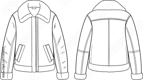 Shearling jacket technical flat sketch, front and back view, fashion design template, fluffy collar, cuffs, hem, zipper closure, apparel illustration
