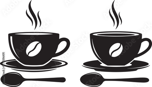 Two steaming coffee cups with spoons silhouette