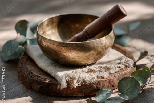 Handcrafted singing bowl resting on wooden base with calming greenery around