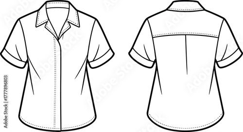 short sleeve button shirt, front back view, classic collar, cuffed sleeves, fashion sketch, tailored fit, cad drawing flat vector illustration